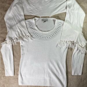 Carolyn Taylor white rhinestone studded sweater with detachable fringed large